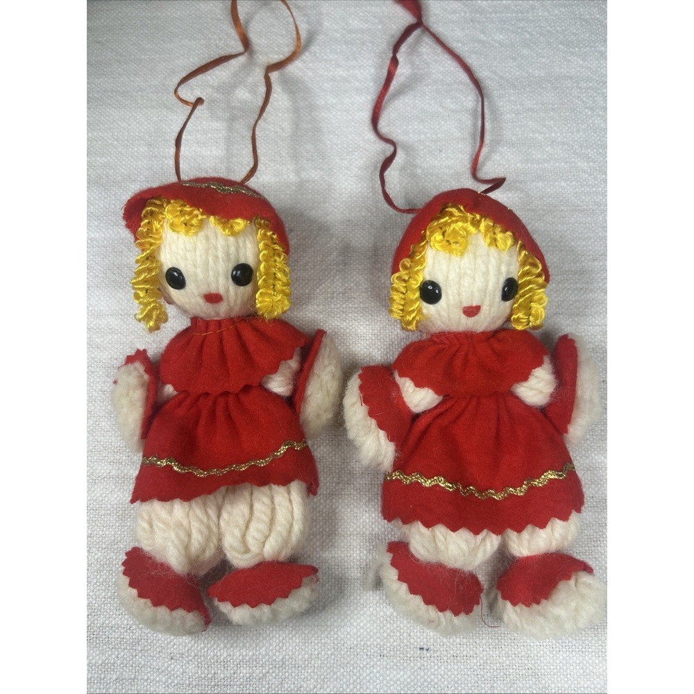 (2) Vintage Red Felt Girl Yarn Rag Dolls Ornaments Christmas Made Japan Kitsch